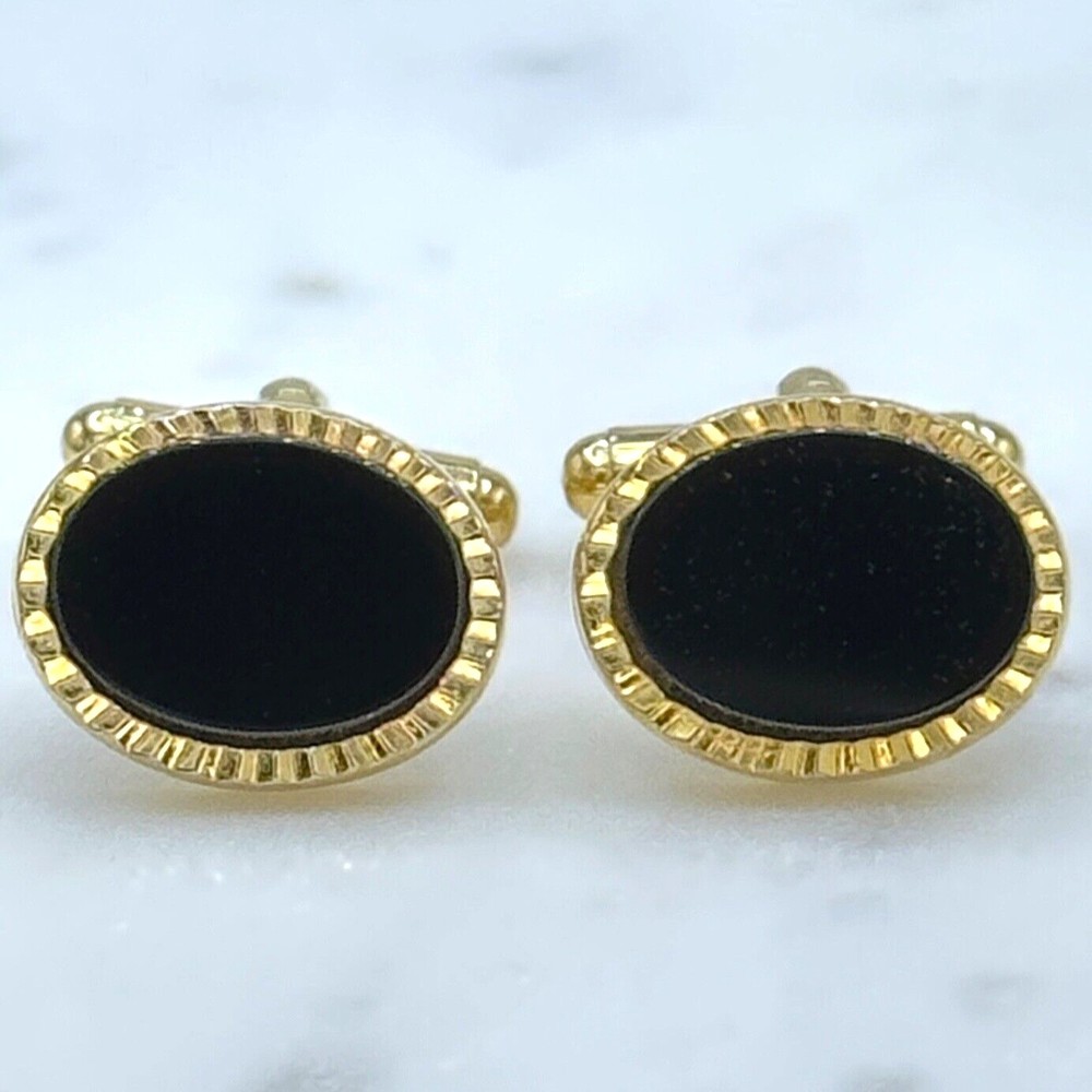 Vintage Oval Black Center & Gold Tone Bullet Back Elegant Formal Cufflinks - Picture 2 of 10